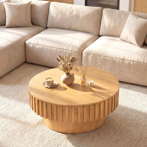 Round Coffee Table with Storage Modern Wooden Drum Coffee Table with Hidden Compartment-Natural view 2