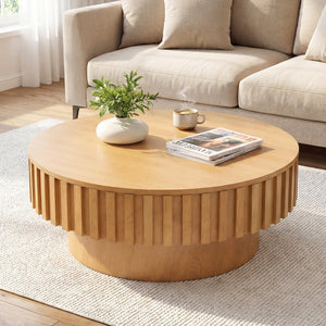 Round Coffee Table with Storage Modern Wooden Drum Coffee Table with Hidden Compartment-Natural view 3
