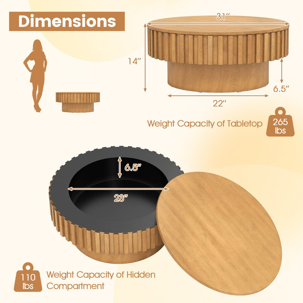 Round Coffee Table with Storage Modern Wooden Drum Coffee Table with Hidden Compartment-Natural view 5