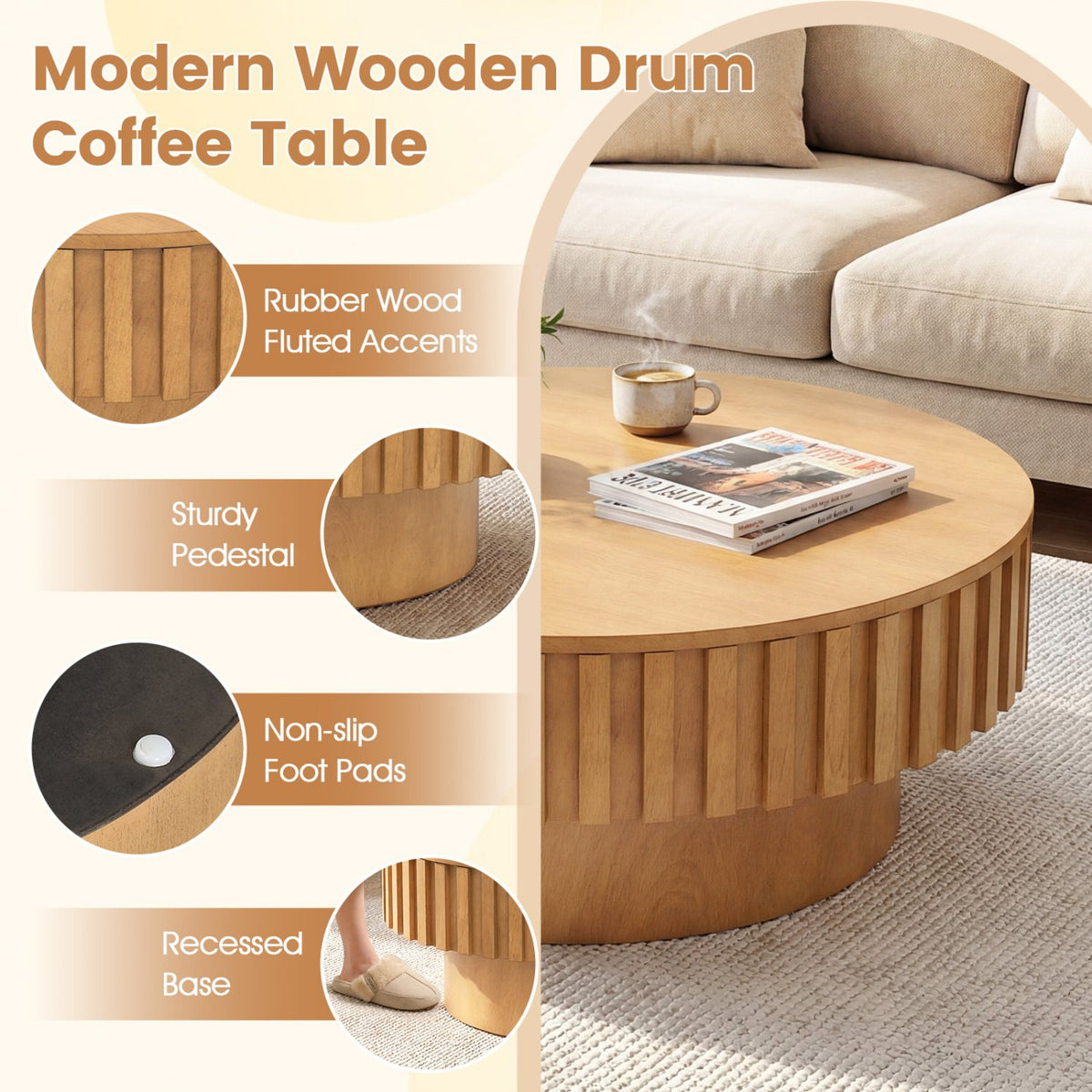 Round Coffee Table with Storage Modern Wooden Drum Coffee Table with Hidden Compartment-Natural view 6