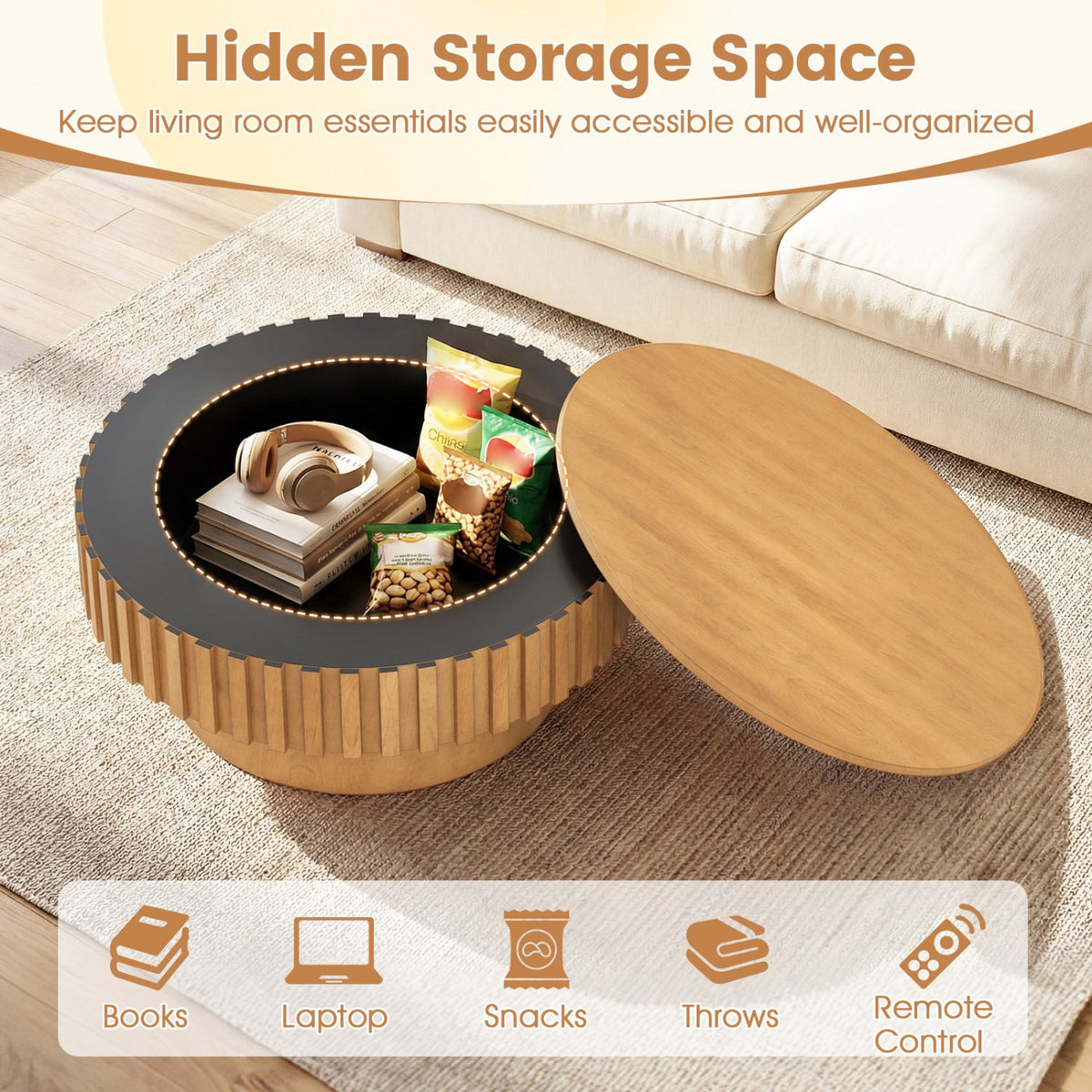 Round Coffee Table with Storage Modern Wooden Drum Coffee Table with Hidden Compartment-Natural view 7