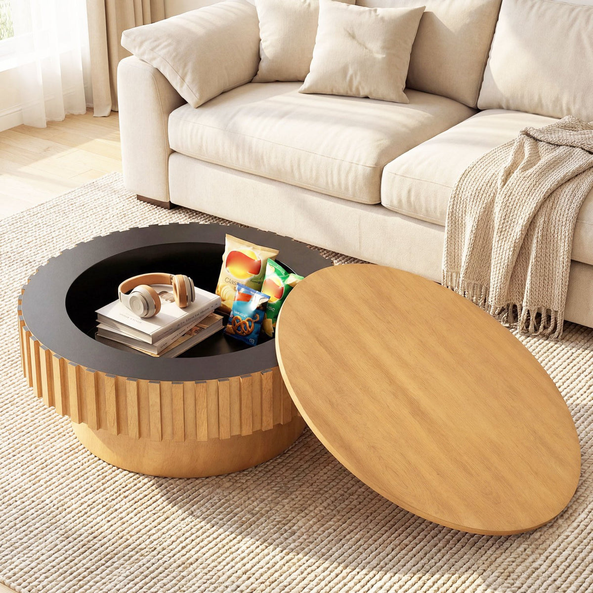 Round Coffee Table with Storage Modern Wooden Drum Coffee Table with Hidden Compartment-Natural view 9