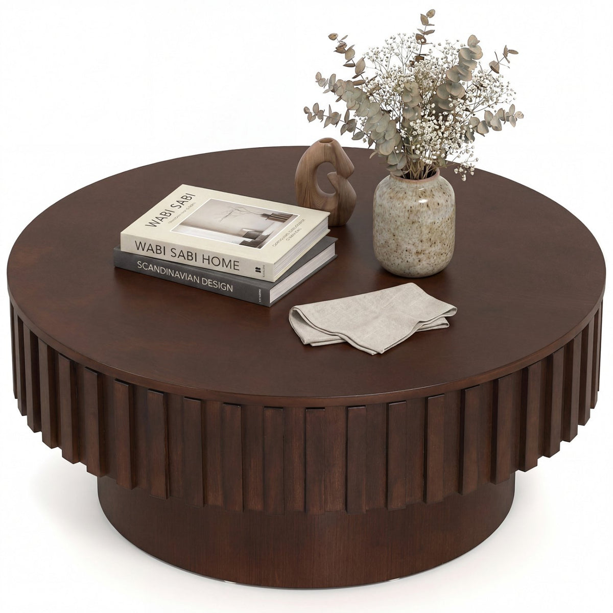 Round Coffee Table with Storage Modern Wooden Drum Coffee Table with Hidden Compartment-Walnut