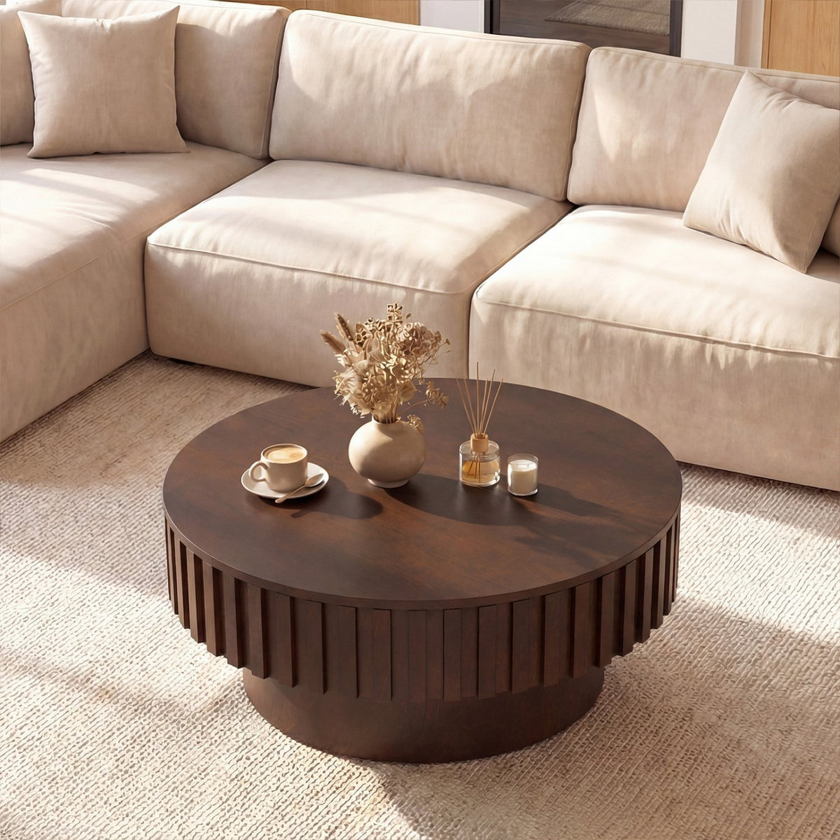 Round Coffee Table with Storage Modern Wooden Drum Coffee Table with Hidden Compartment-Walnut view 2