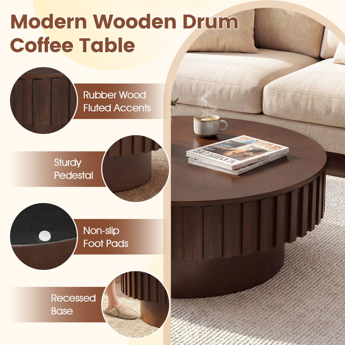 Round Coffee Table with Storage Modern Wooden Drum Coffee Table with Hidden Compartment-Walnut view 6