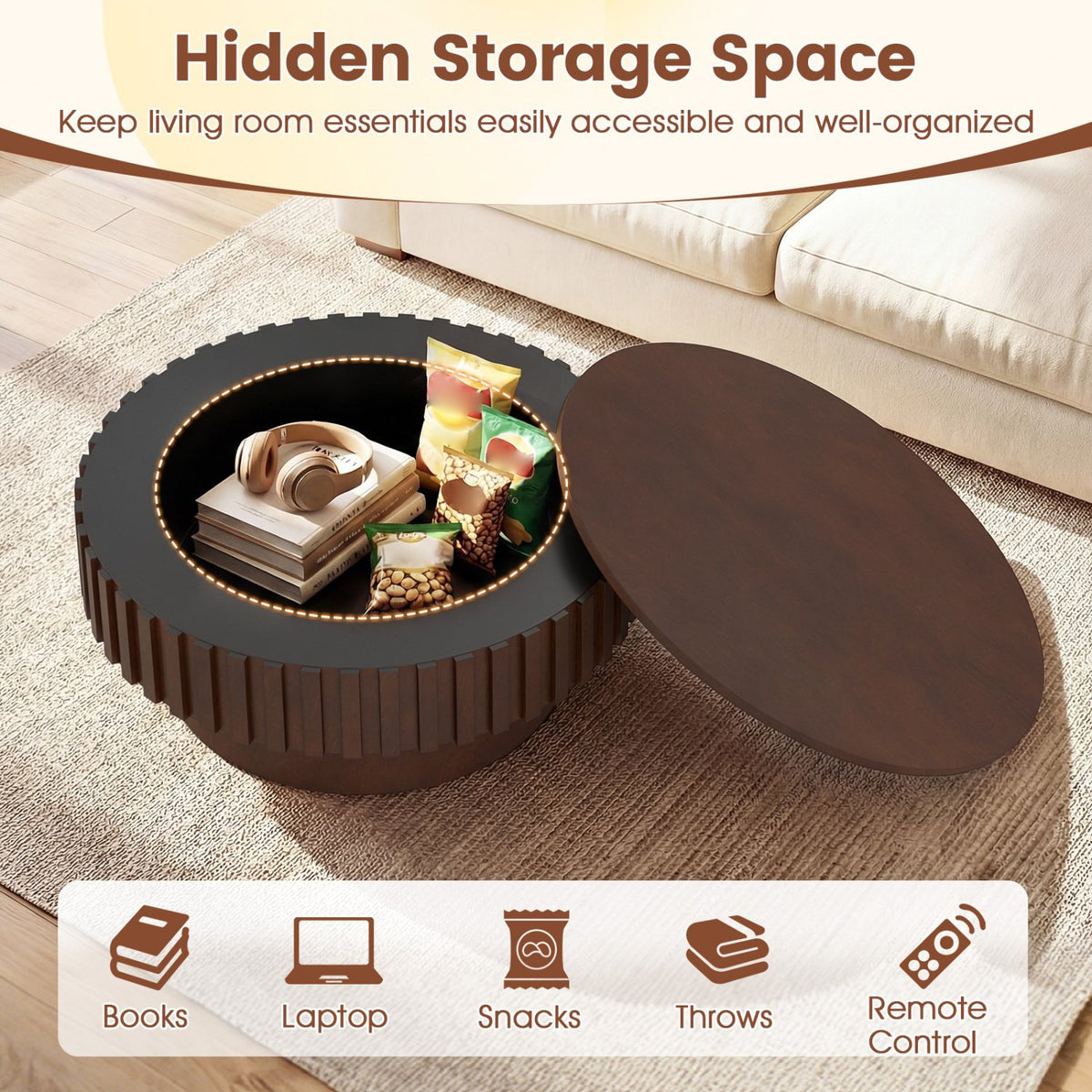 Round Coffee Table with Storage Modern Wooden Drum Coffee Table with Hidden Compartment-Walnut view 7