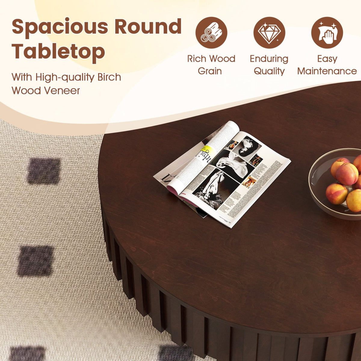 Round Coffee Table with Storage Modern Wooden Drum Coffee Table with Hidden Compartment-Walnut view 8