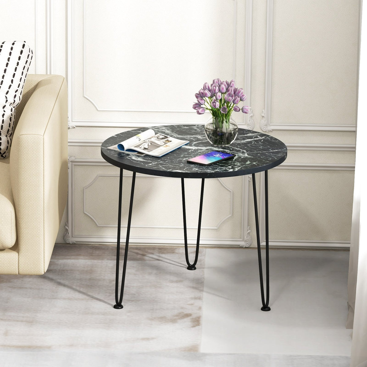 Round Coffee Table with Thickened Tabletop and Metal Tripod Legs-Black view 2