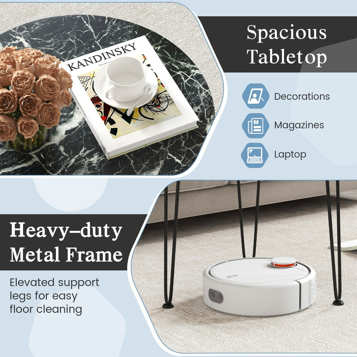 Round Coffee Table with Thickened Tabletop and Metal Tripod Legs-Black view 8