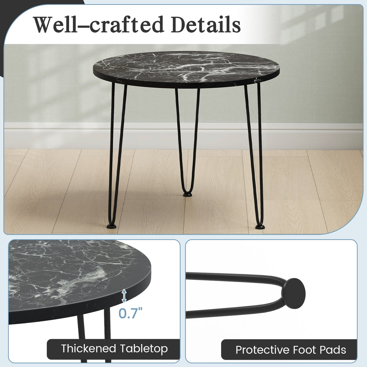 Round Coffee Table with Thickened Tabletop and Metal Tripod Legs-Black view 9