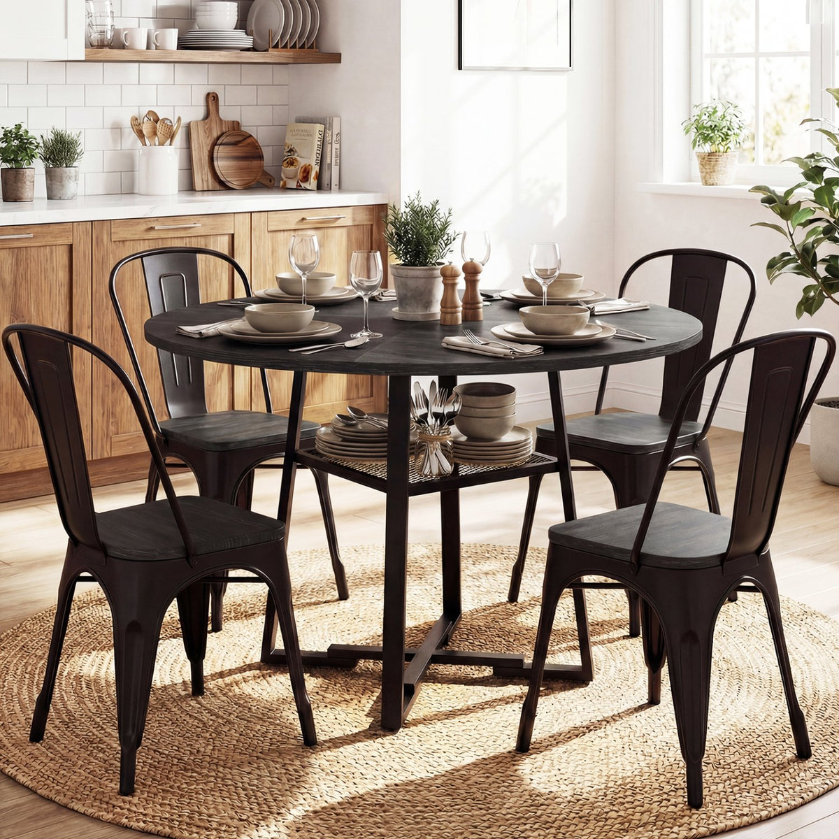 Round Dining Table for 4-6 with Storage Shelf and Metal Legs-Black view 3