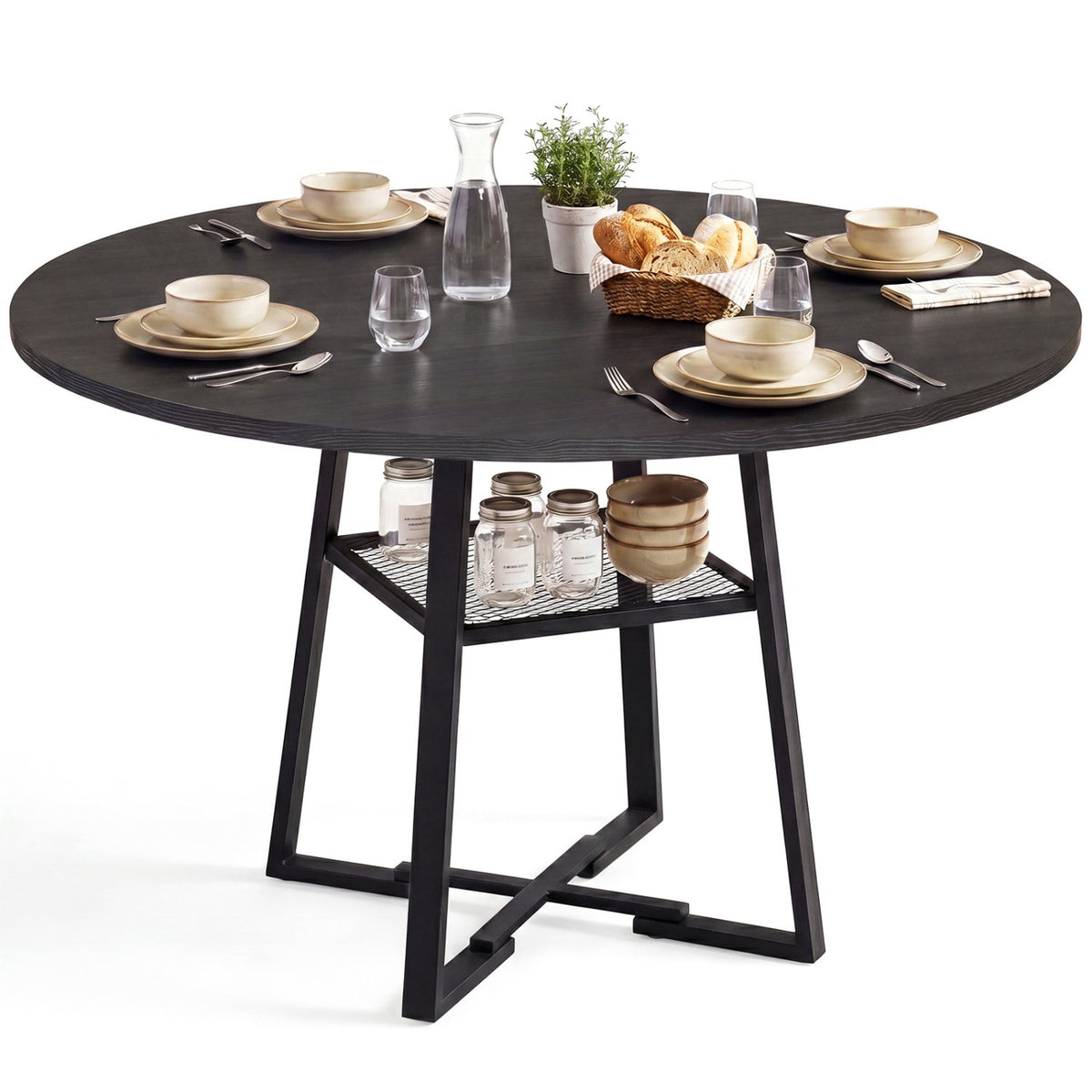 Round Dining Table for 4-6 with Storage Shelf and Metal Legs-Black view 4