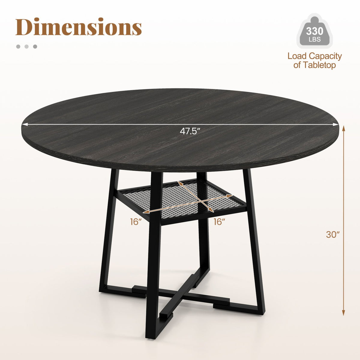 Round Dining Table for 4-6 with Storage Shelf and Metal Legs-Black view 5