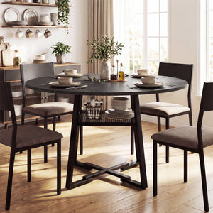 Round Dining Table for 4-6 with Storage Shelf and Metal Legs-Black view 6