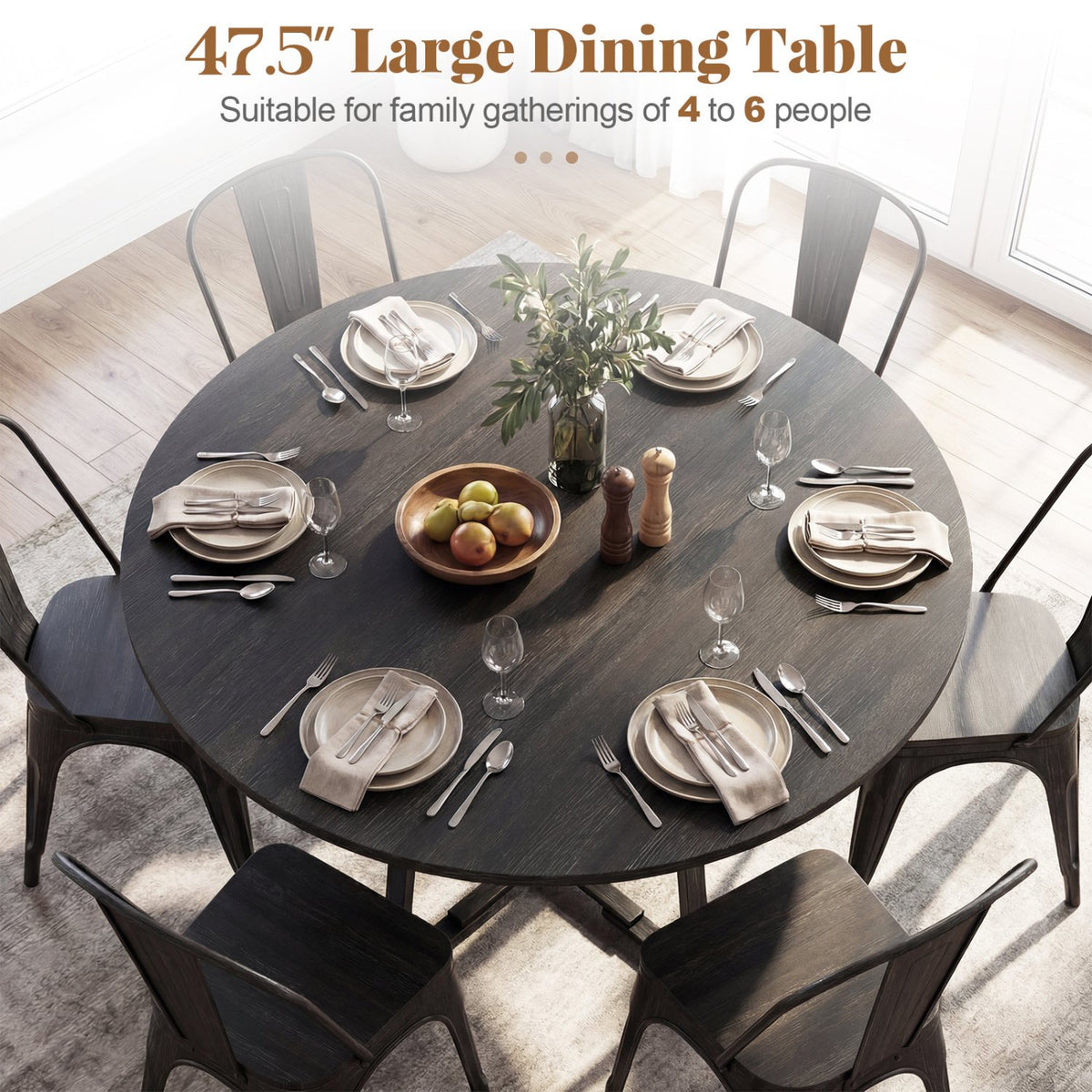 Round Dining Table for 4-6 with Storage Shelf and Metal Legs-Black view 7