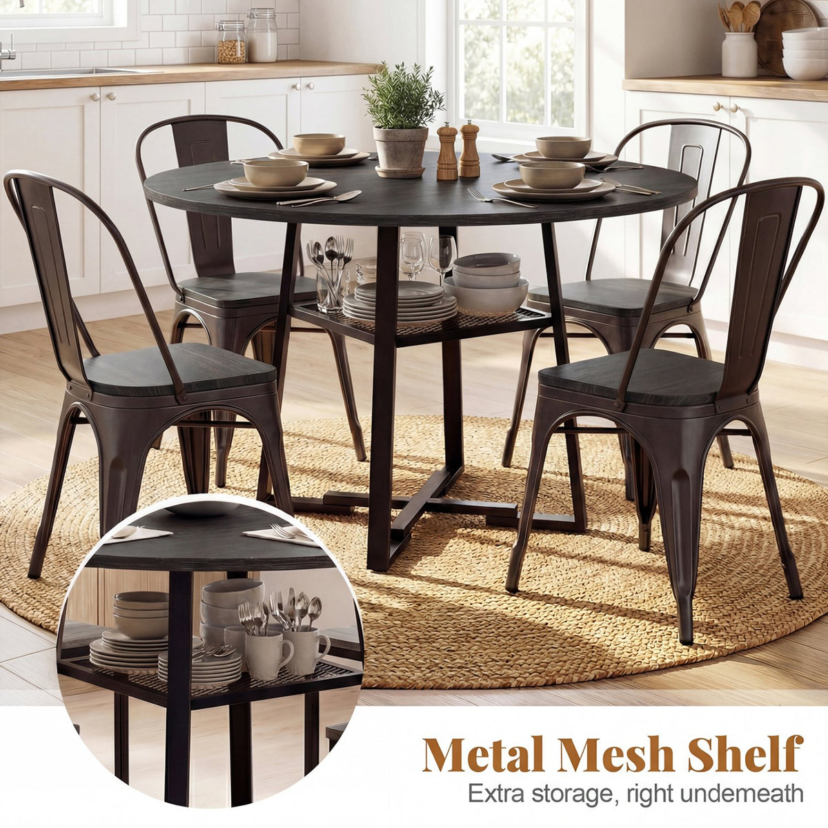 Round Dining Table for 4-6 with Storage Shelf and Metal Legs-Black view 8