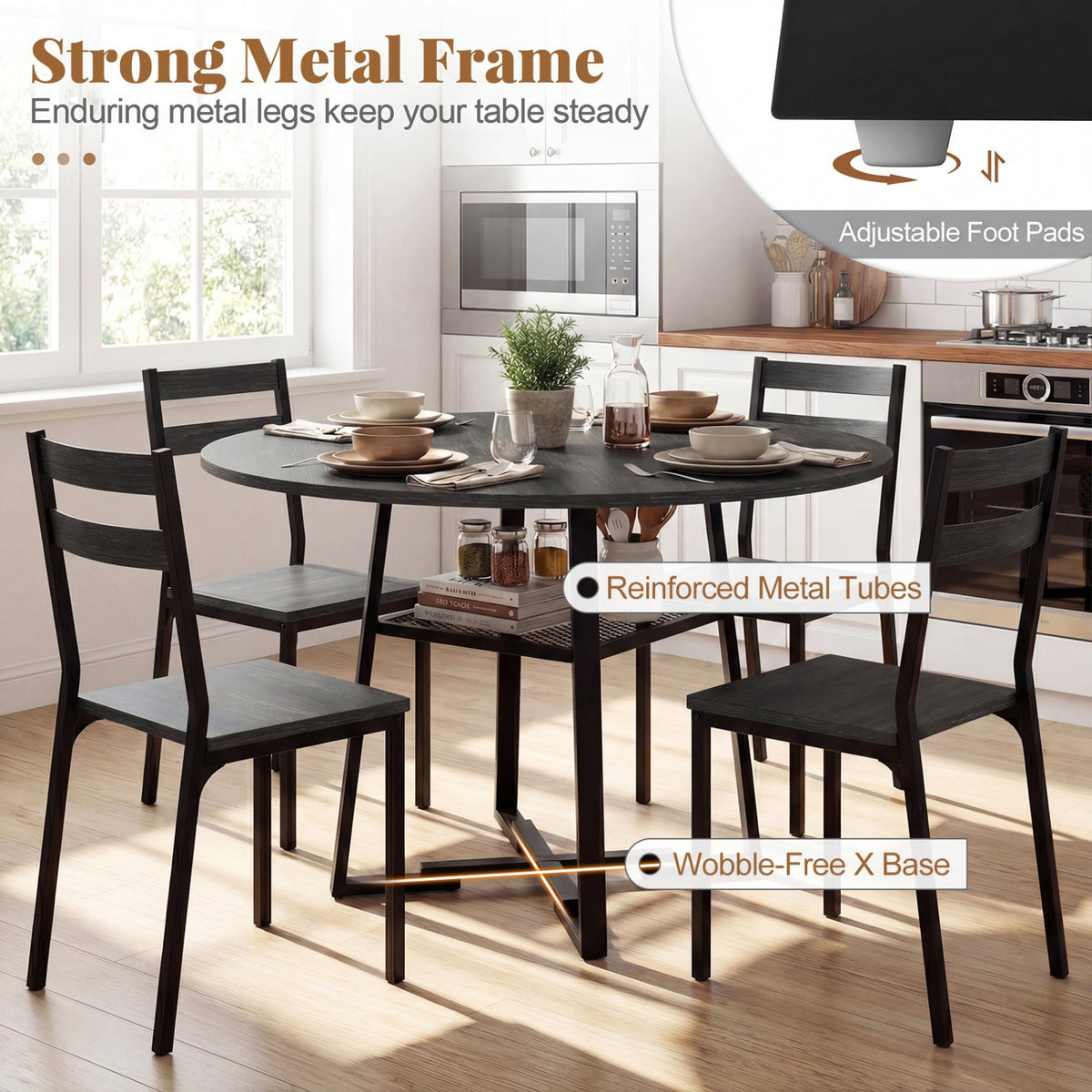 Round Dining Table for 4-6 with Storage Shelf and Metal Legs-Black view 9