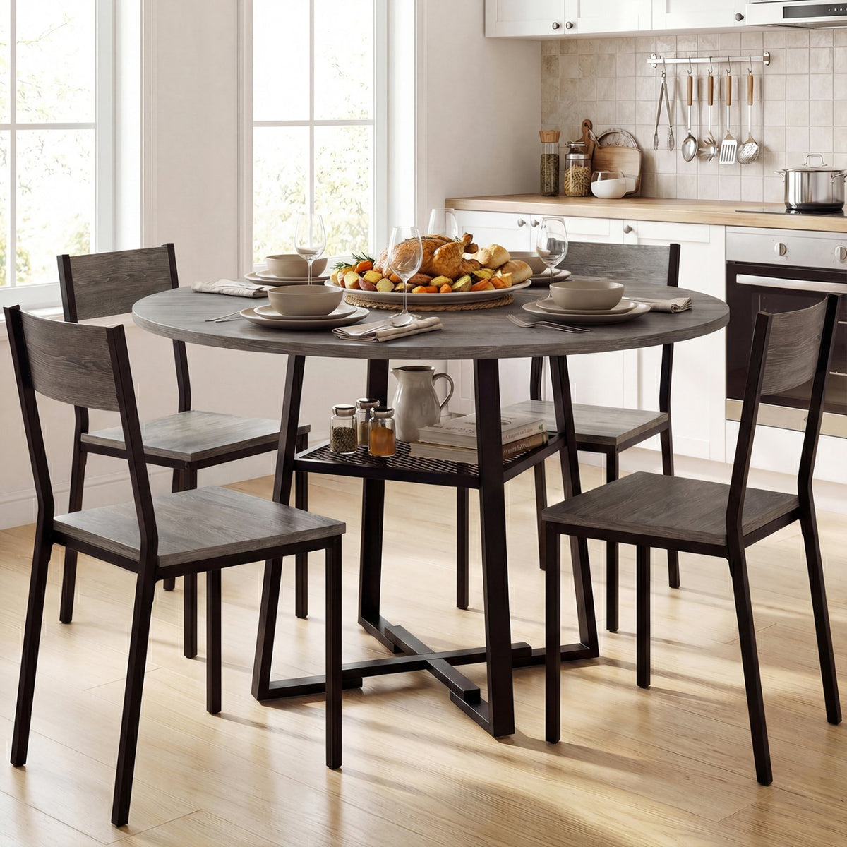 Round Dining Table for 4-6 with Storage Shelf and Metal Legs-Gray view 2