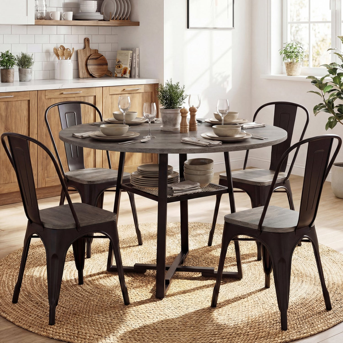 Round Dining Table for 4-6 with Storage Shelf and Metal Legs-Gray view 3