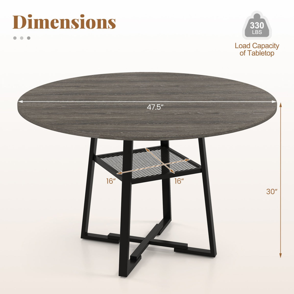 Round Dining Table for 4-6 with Storage Shelf and Metal Legs-Gray view 5