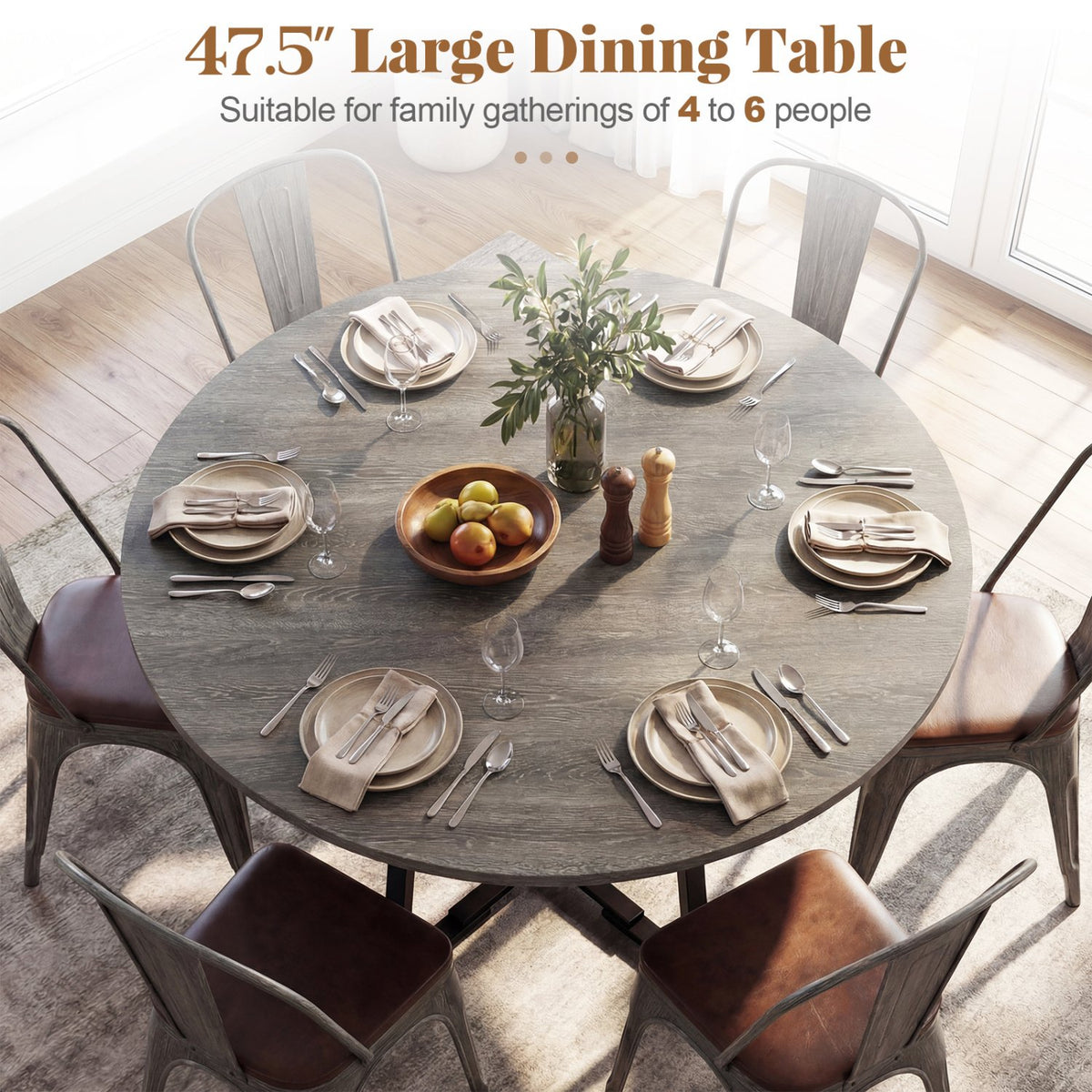 Round Dining Table for 4-6 with Storage Shelf and Metal Legs-Gray view 7