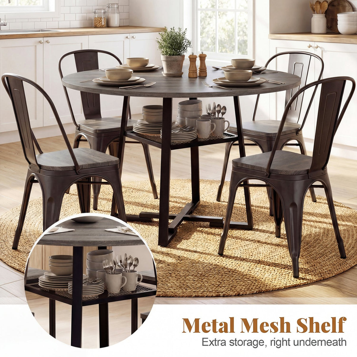 Round Dining Table for 4-6 with Storage Shelf and Metal Legs-Gray view 8