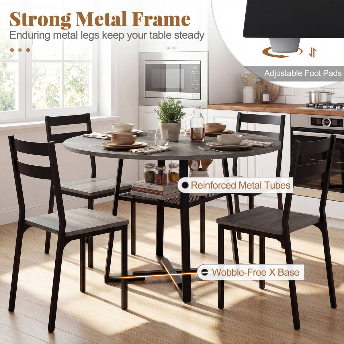 Round Dining Table for 4-6 with Storage Shelf and Metal Legs-Gray view 9