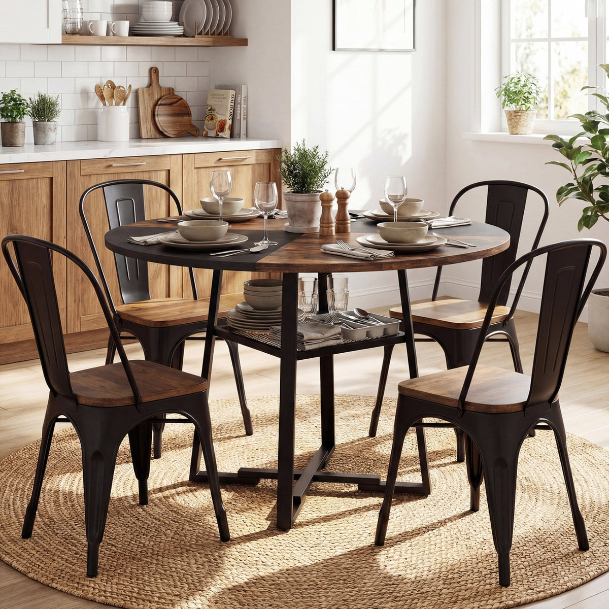Round Dining Table for 4-6 with Storage Shelf and Metal Legs-Rustic Brown view 3