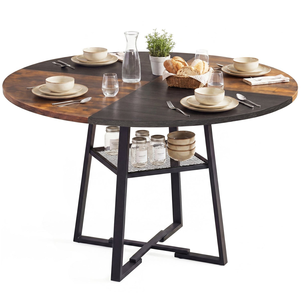Round Dining Table for 4-6 with Storage Shelf and Metal Legs-Rustic Brown view 4