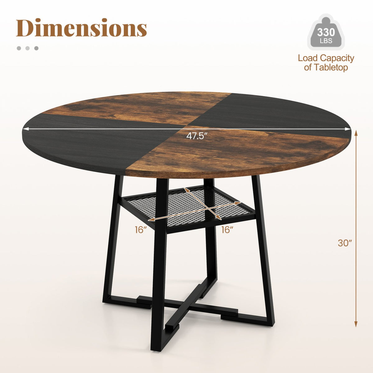 Round Dining Table for 4-6 with Storage Shelf and Metal Legs-Rustic Brown view 5