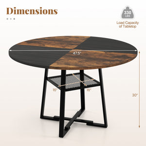 Round Dining Table for 4-6 with Storage Shelf and Metal Legs-Rustic Brown view 5