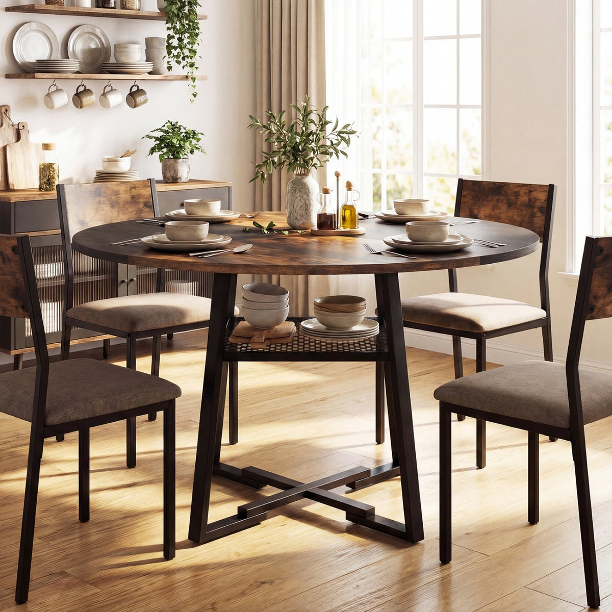 Round Dining Table for 4-6 with Storage Shelf and Metal Legs-Rustic Brown view 6
