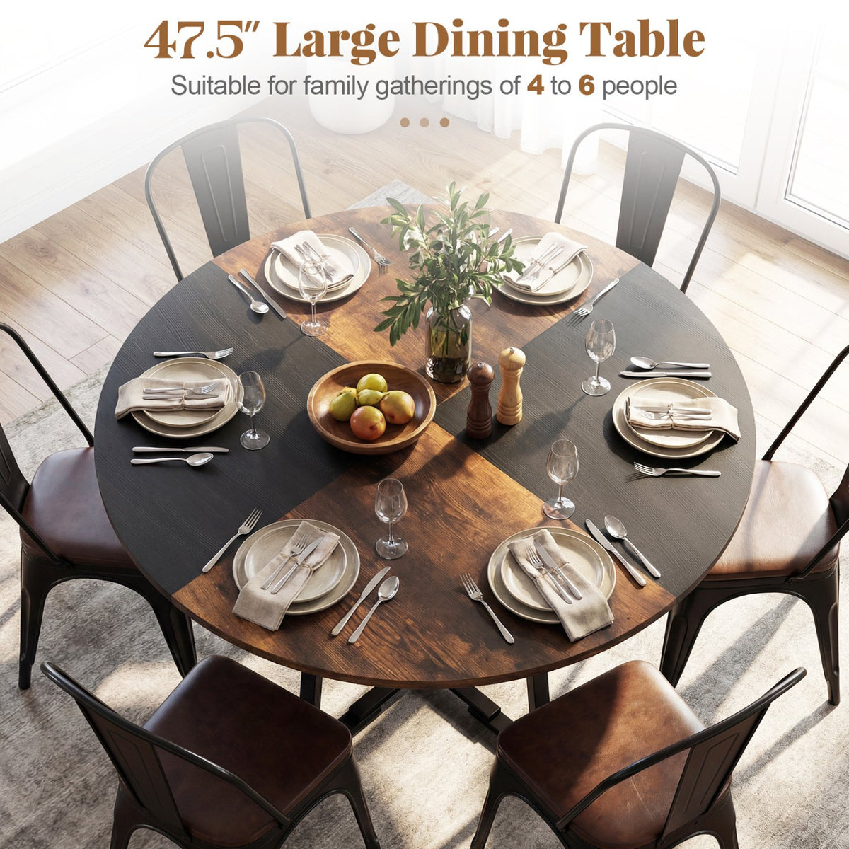 Round Dining Table for 4-6 with Storage Shelf and Metal Legs-Rustic Brown view 7