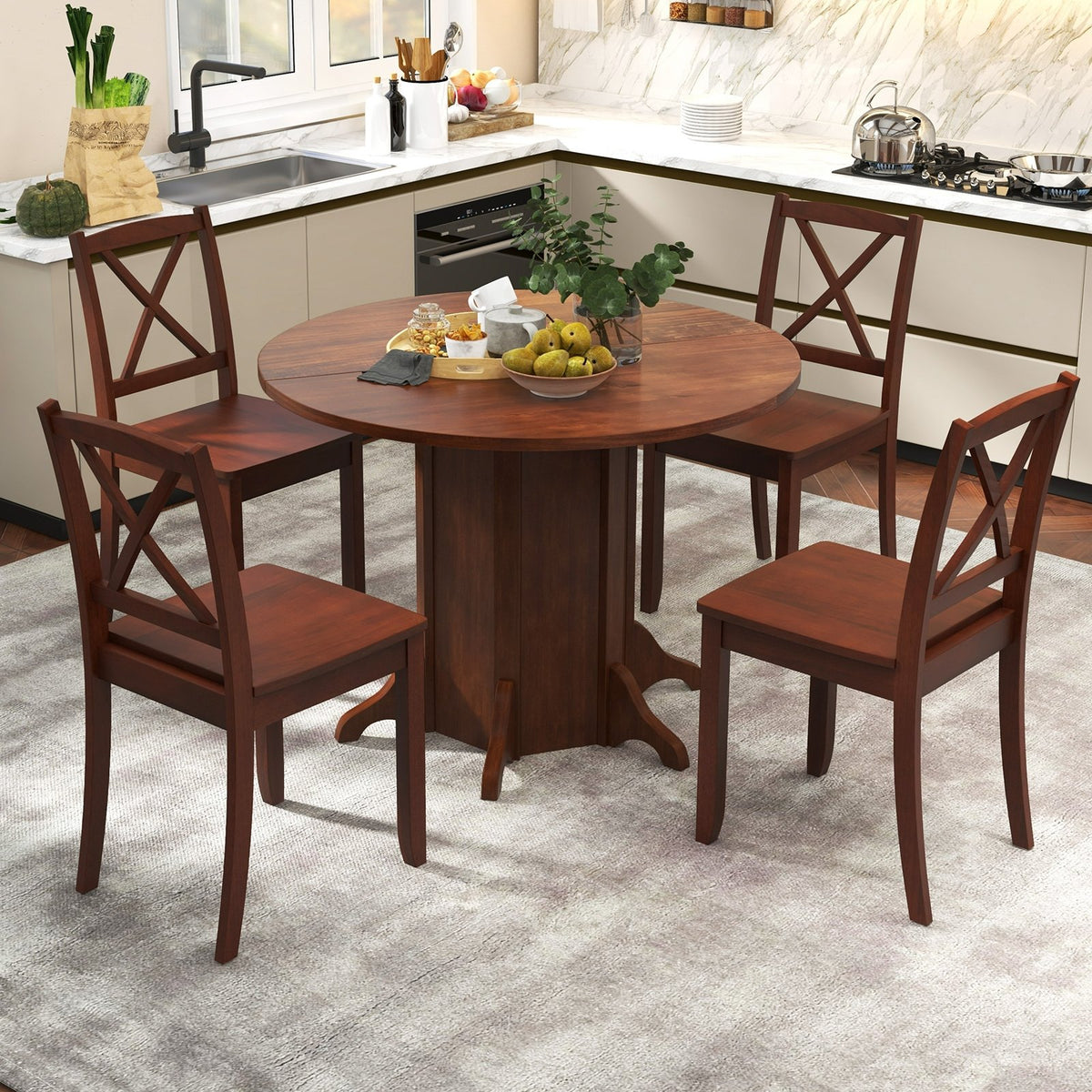 Round Dining Table with Pedestal Base for 4-6 People-Walnut view 6