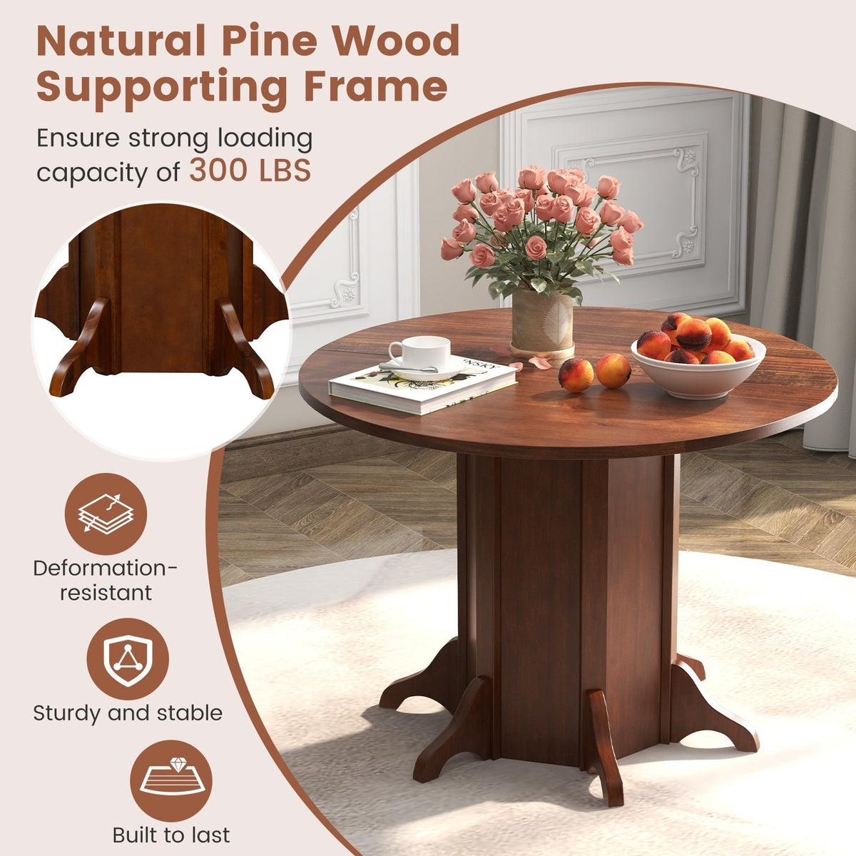 Round Dining Table with Pedestal Base for 4-6 People-Walnut view 7