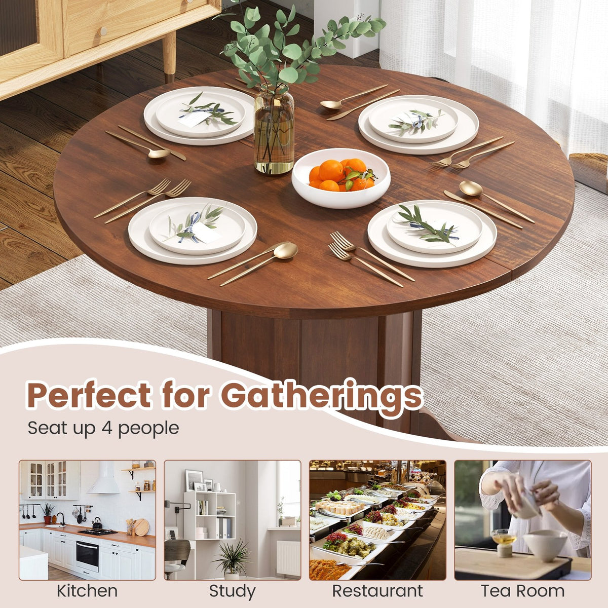 Round Dining Table with Pedestal Base for 4-6 People-Walnut view 9