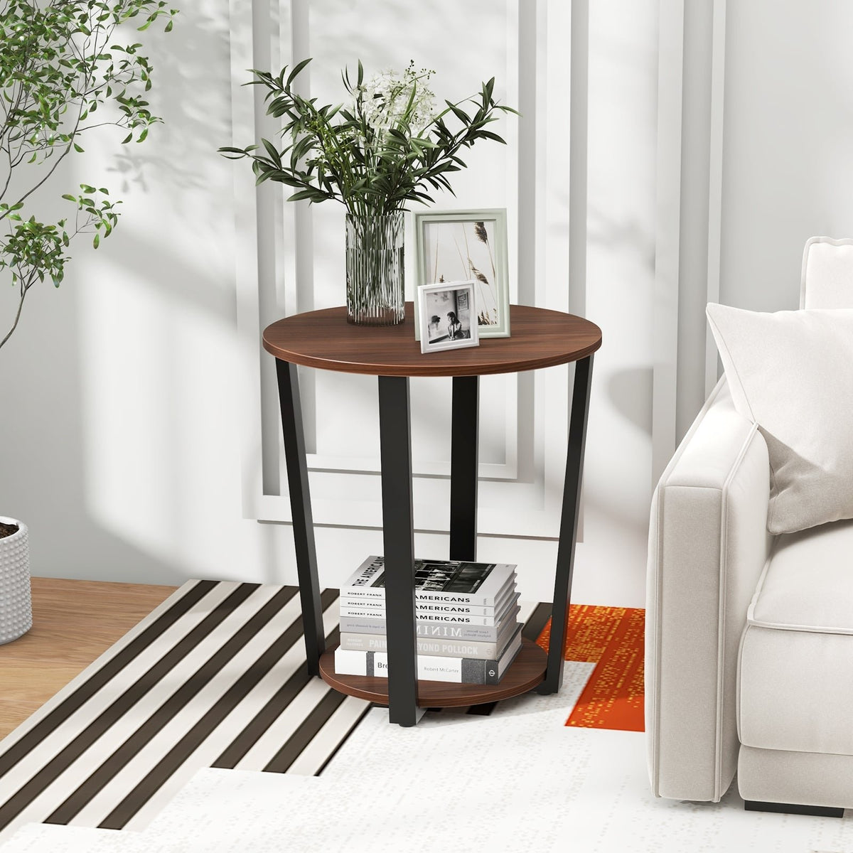 Round End Table with Open Shelf and Metal Frame-Walnut view 2