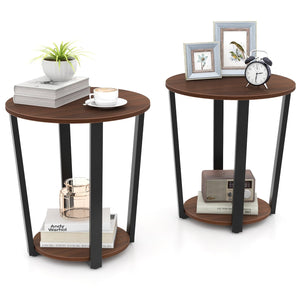 Round End Table with Open Shelf and Metal Frame-Walnut view 7