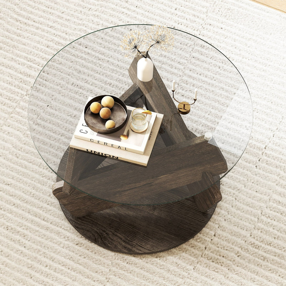 Round Glass Coffee Table 32 Inch Modern Center Table with Tempered Glass Top-Gray view 3