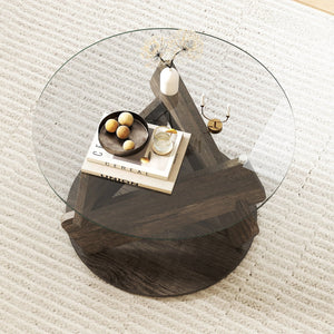 Round Glass Coffee Table 32 Inch Modern Center Table with Tempered Glass Top-Gray view 3