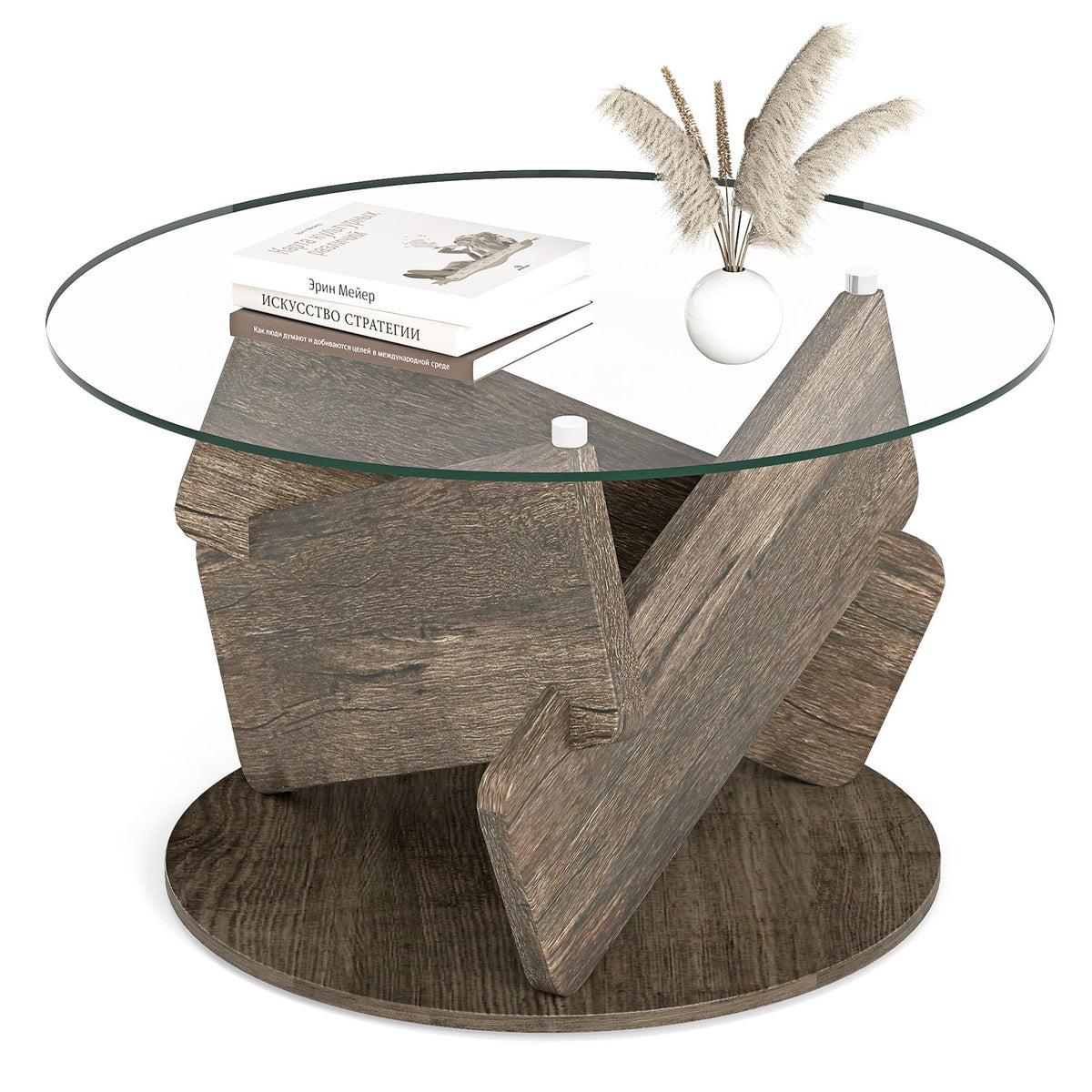 Round Glass Coffee Table 32 Inch Modern Center Table with Tempered Glass Top-Gray view 4