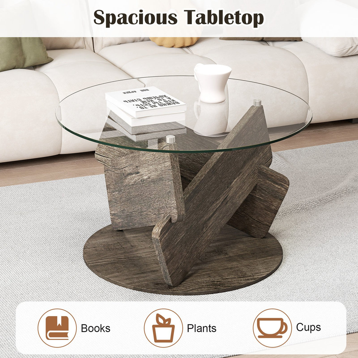 Round Glass Coffee Table 32 Inch Modern Center Table with Tempered Glass Top-Gray view 7