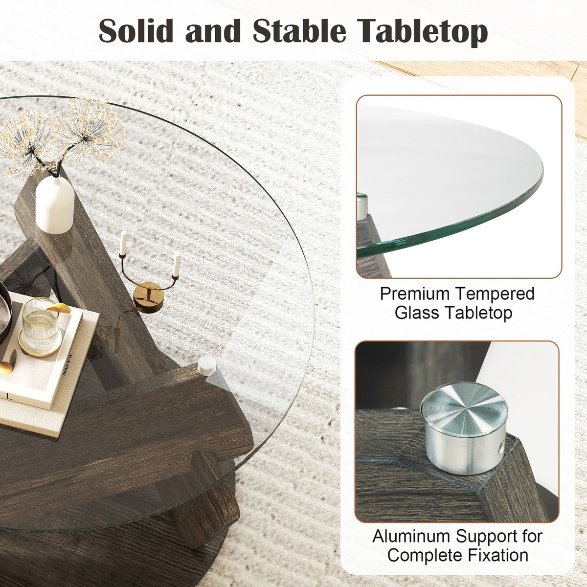Round Glass Coffee Table 32 Inch Modern Center Table with Tempered Glass Top-Gray view 8