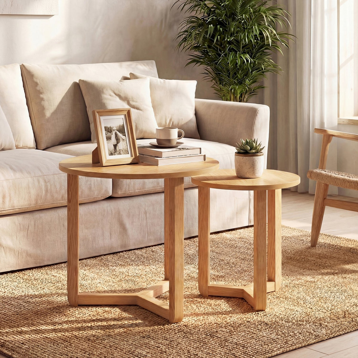 Round Nesting Coffee Table Set of 2 Wood Nesting End Tables with Thickened Top-Natural view 2