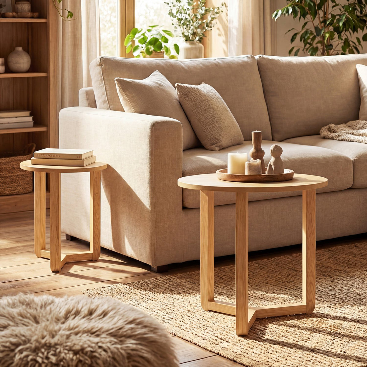 Round Nesting Coffee Table Set of 2 Wood Nesting End Tables with Thickened Top-Natural view 3