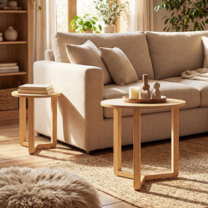 Round Nesting Coffee Table Set of 2 Wood Nesting End Tables with Thickened Top-Natural view 3