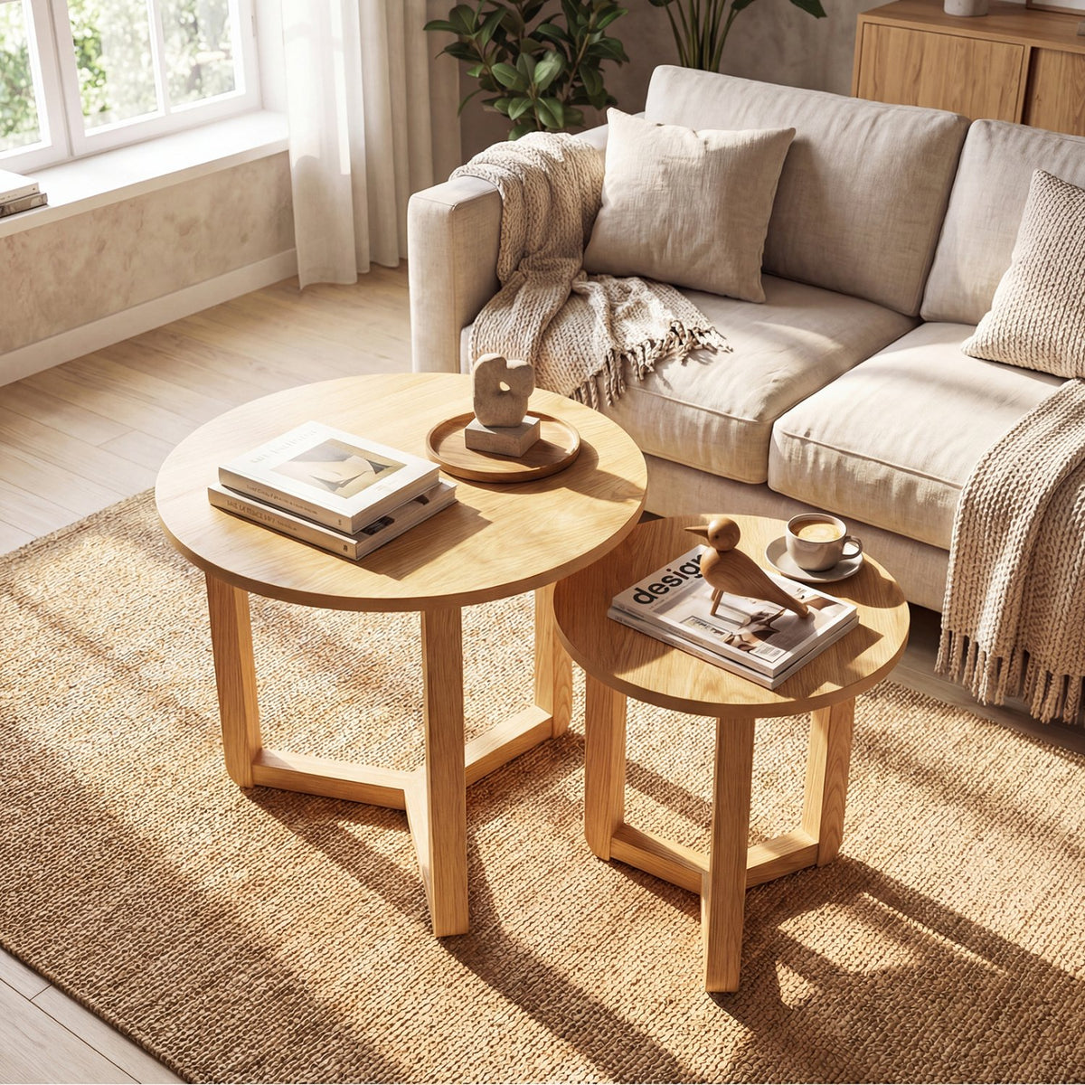 Round Nesting Coffee Table Set of 2 Wood Nesting End Tables with Thickened Top-Natural view 6