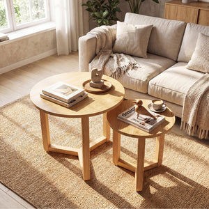 Round Nesting Coffee Table Set of 2 Wood Nesting End Tables with Thickened Top-Natural view 6