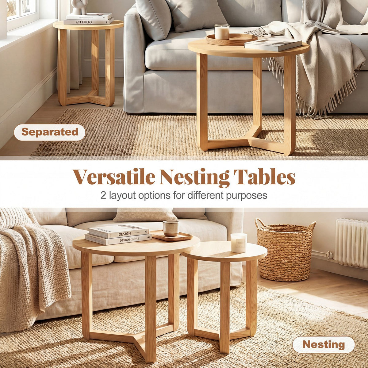 Round Nesting Coffee Table Set of 2 Wood Nesting End Tables with Thickened Top-Natural view 7