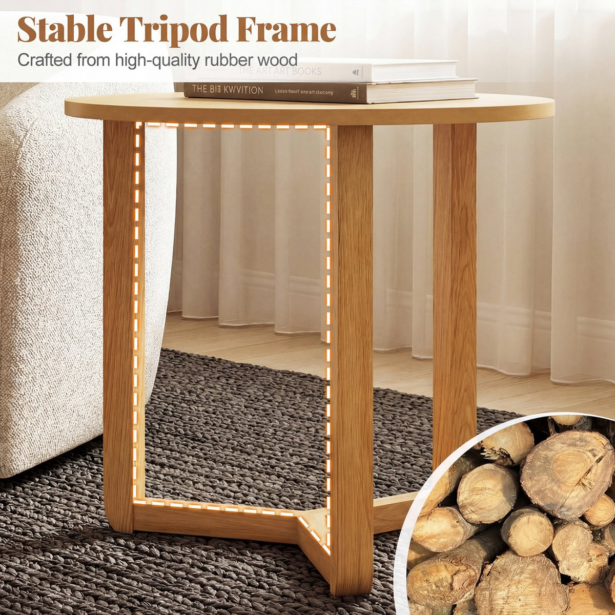 Round Nesting Coffee Table Set of 2 Wood Nesting End Tables with Thickened Top-Natural view 8